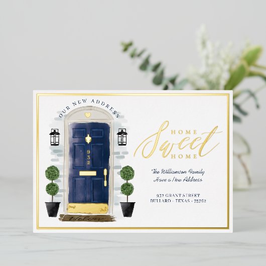 ホームスイートホーム – 引っ越しましたブルーウォーターカラードア 箔招待状 (立ち正面)
