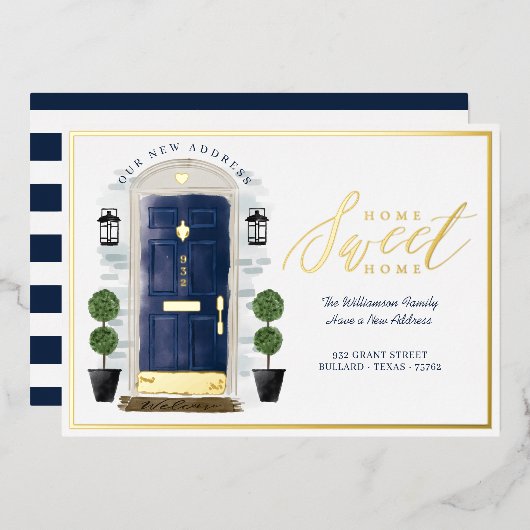 ホームスイートホーム – 引っ越しましたブルーウォーターカラードア 箔招待状 (正面/裏面)