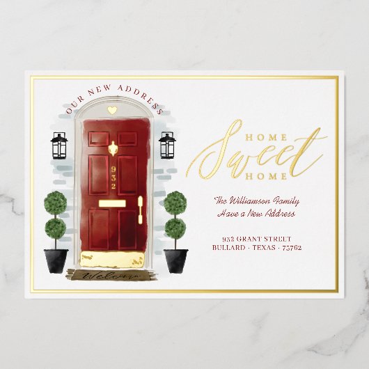 ホームスイートホーム – 引っ越しましたレッドウォーターカラードア 箔招待状 (正面)