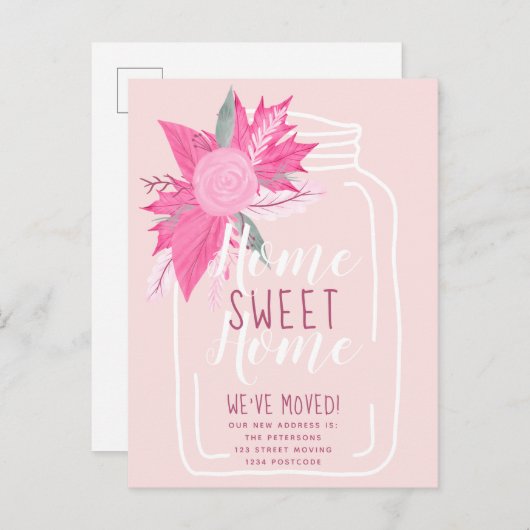 ホームスイート·ピンク·フローラ·メイズン·ジャー移動 案内ポストカード (正面/裏面)