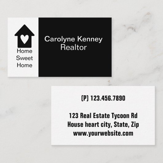 ホームスウィートハート不動産仲介業者シンプル白黒 名刺 (正面/裏面)