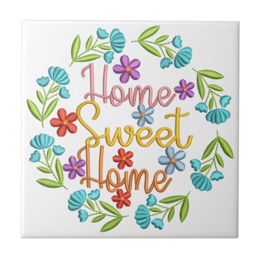 ホームスウィートホーム引用文カラフルフラワー縁ど タイル (正面)