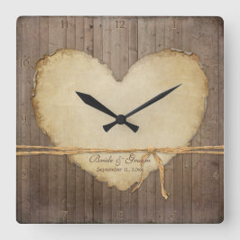 ホームデコー素朴ルウッドフェンスボードハートブライダル スクエア壁時計