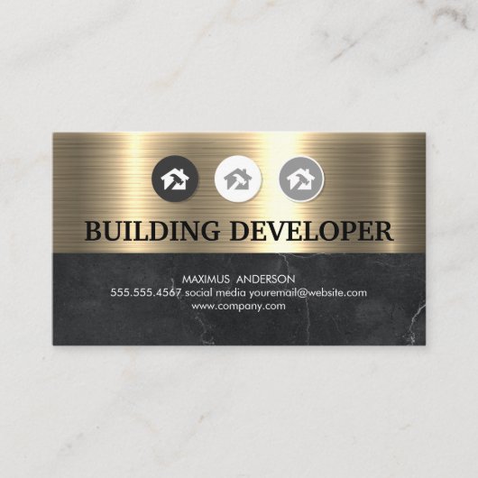 ホームハンマーのロゴ | メタリック金ゴールドブラック大理石 名刺 (正面)