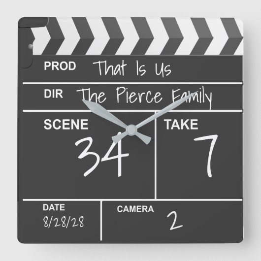 ホームパーソナライズされたシアターカスタム映画クラップボード スクエア壁時計 (正面)