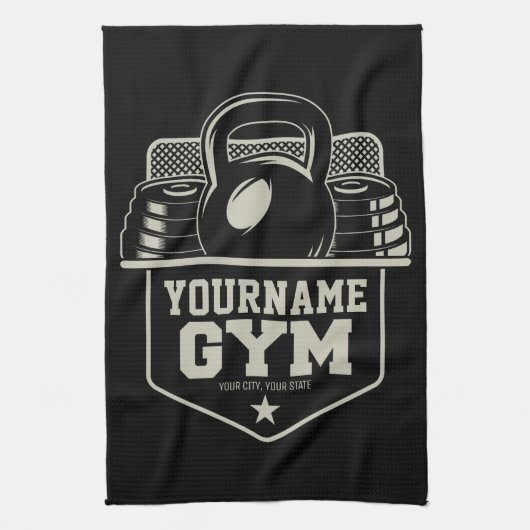 ホームパーソナライズされたジムケトルベルフィットネストレーナー キッチンタオル (縦)