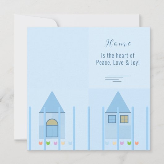 ホームフェンスとチューリップカラフルブルーパーティー招待状 案内状 (正面)