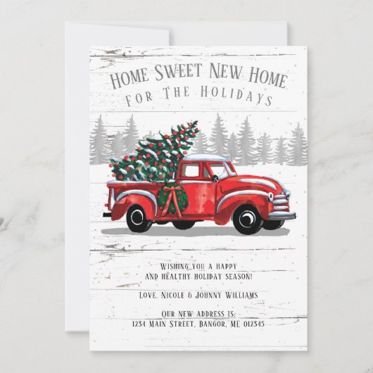ホームフォーザホリデイヴィンテージレッドトラックツリームービング 案内状 (正面)
