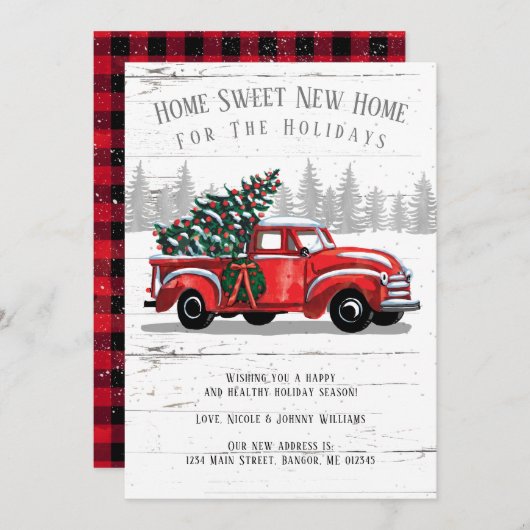 ホームフォーザホリデイヴィンテージレッドトラックツリームービング 案内状 (正面/裏面)