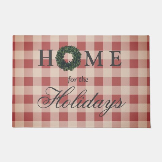 ホームフォーザホリデーズスクリプトクリスマスプレイド ドアマット (正面)