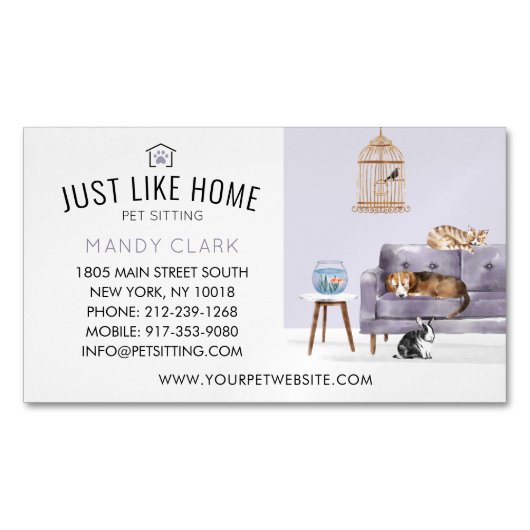 ホームペットシーティングウォーターカラーコージーホームモーヴソファ マグネット名刺 (正面)