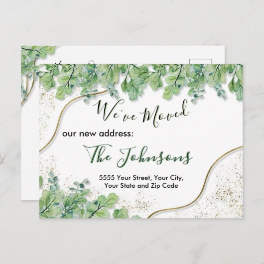 ホームムービングアナウンスメント金ゴールドグリーナリーユーカリ ポストカード (正面/裏面)