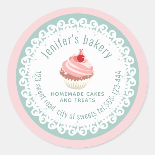 ホームメイドカップケーキとお菓子をドリーレース ラウンドシール (正面)