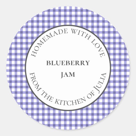 ホームメイドギフト用の青いギンガムフードジャー ラベル (正面)
