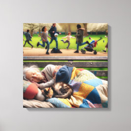 ホームレスの女性が公園のベンチで昼寝 キャンバスプリント