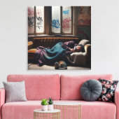 ホームレスの男が捨てられた建物で眠る キャンバスプリント (インサイチュ (リビング))