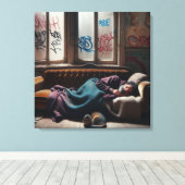 ホームレスの男が捨てられた建物で眠る キャンバスプリント (インサイチュ (ウッドフロア))