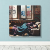 ホームレスの男が捨てられた建物で眠る キャンバスプリント (インサイチュ (ウッドフロア))