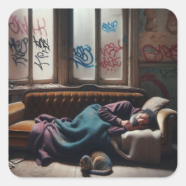 ホームレスの男が捨てられた建物で眠る スクエアシール