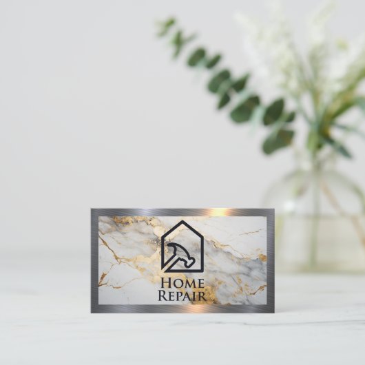 ホーム修理ハンマーロゴ |大理石メタル縁ど 名刺 (スタンド正面)