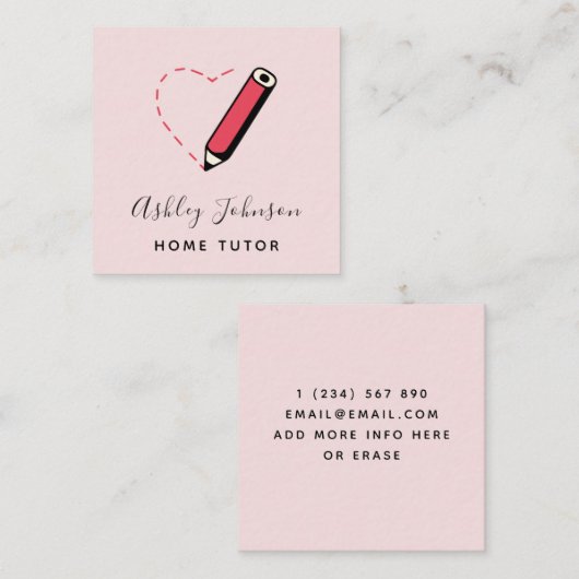 ホーム家庭教師先生教育者かわいい鉛筆ベビーピンク スクエア名刺 (正面/裏面)