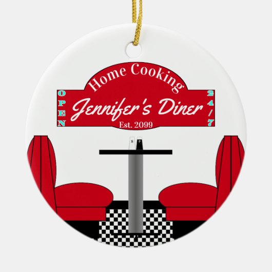 ホーム料理ネームシェフダイナーレトロスクエア セラミックオーナメント (正面)