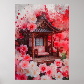 ホーム日本のさくらんぼの花の水の色絵を描の ポスター