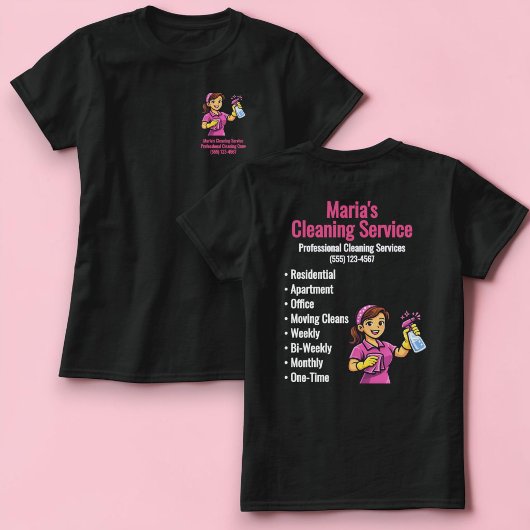 ホーム清掃サービス女性 ブラック Tシャツ
