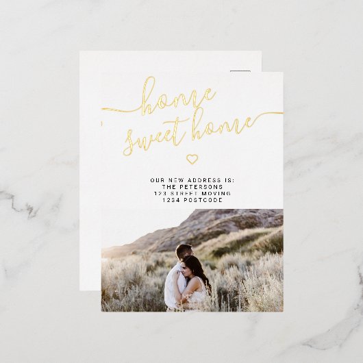 ホーム甘いホームモダンスクリプト写真の移動 箔招待状ポストカード (正面/裏面)