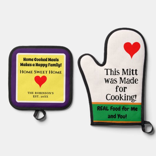 ホーム調理グリーンオレンジパープル名 鍋つかみ&鍋敷きセット (正面)