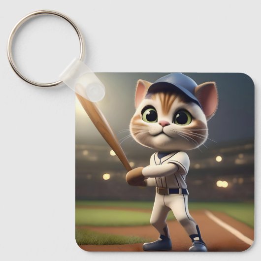 ホーム走ヒッター: 3D野球猫がスイングする キーホルダー (正面)