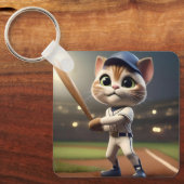 ホーム走ヒッター: 3D野球猫がスイングする キーホルダー (正面)