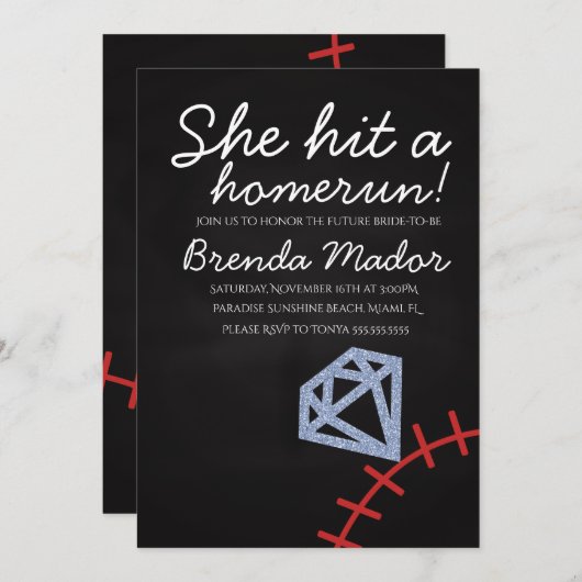 ホーム走ブライダルシャワー野球テーマシャルボード 招待状 (正面/裏面)