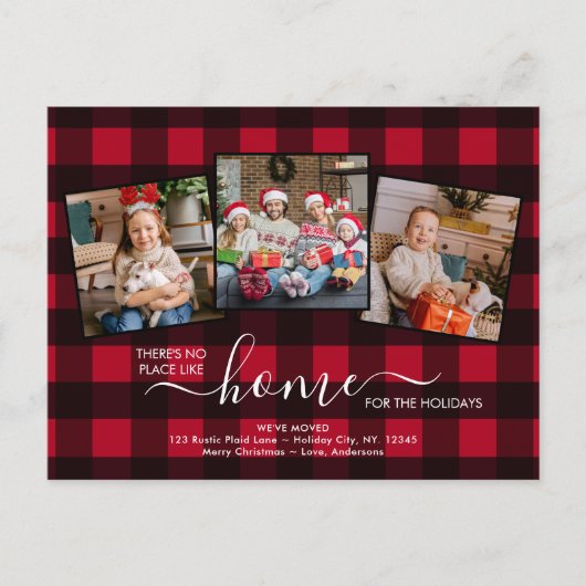 ホームfor the Holidays赤い格子模様3写真ムービング 案内ポストカード (正面)