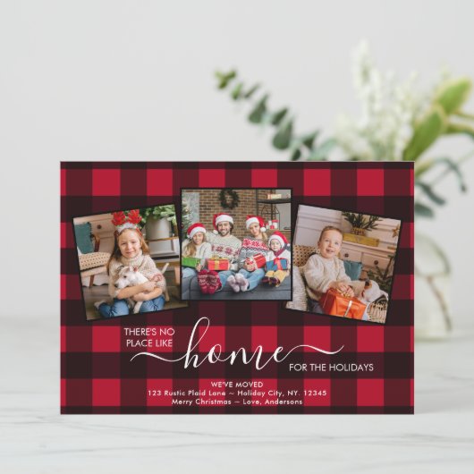 ホームfor the Holidays赤い格子模様3写真ムービング 案内状 (スタンド正面)
