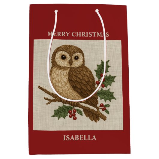 ホーリーとともにいる刺繍のクリスマスフクロウの田舎風デザイン ミディアムペーパーバッグ (正面)