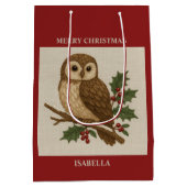 ホーリーとともにいる刺繍のクリスマスフクロウの田舎風デザイン ミディアムペーパーバッグ (裏面)