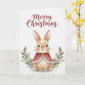 ホーリーとケープ付きのヴィンテージ クリスマス ウサギのカード カード (黄色い花)