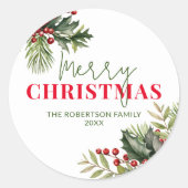 ホーリーと松の葉のホワイトクリスマスシール ラウンドシール (正面)