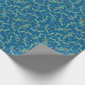 ホーリーの実と青赤白のクリスマスグリーン ラッピングペーパー (角)