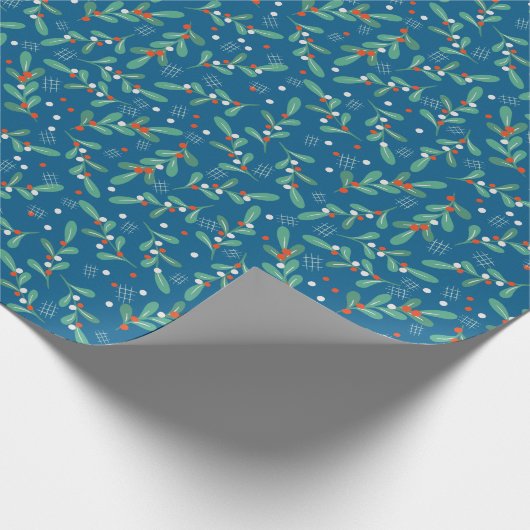 ホーリーの実と青赤白のクリスマスグリーン ラッピングペーパー (角)