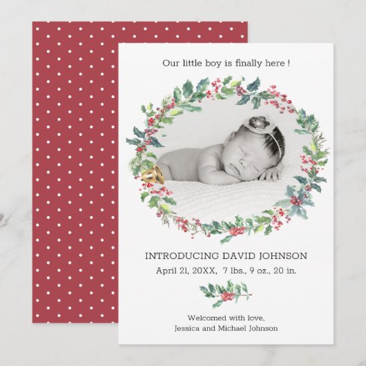 ホーリーの花輪の赤ちゃん男の子の休日生まれのお知らせ 招待状 (正面/裏面)