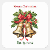 ホーリーの葉と実 ゴールドベル メリークリスマス スクエアシール (正面)
