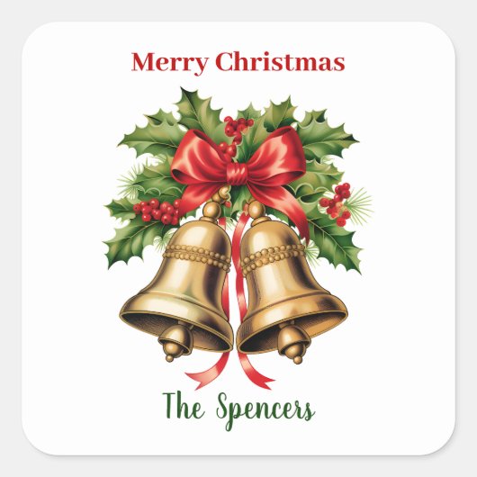 ホーリーの葉と実 ゴールドベル メリークリスマス スクエアシール (正面)