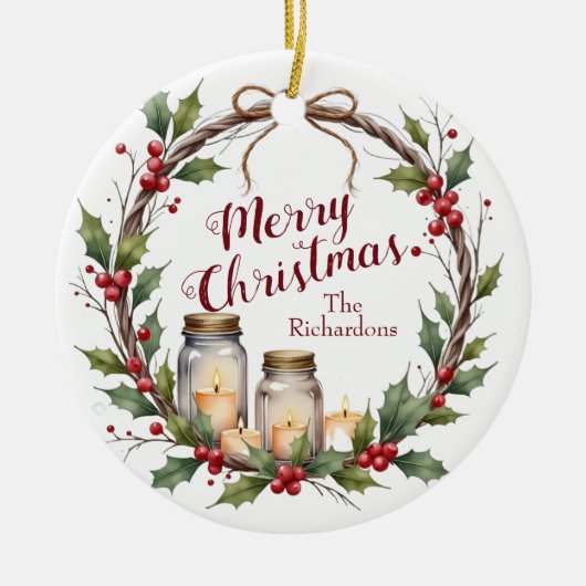 ホーリーを使った素朴なクリスマスリース セラミックオーナメント (正面)