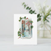 ホーリーを添えた平和なヴィンテージ冬の雪景色 ポストカード (スタンド正面)