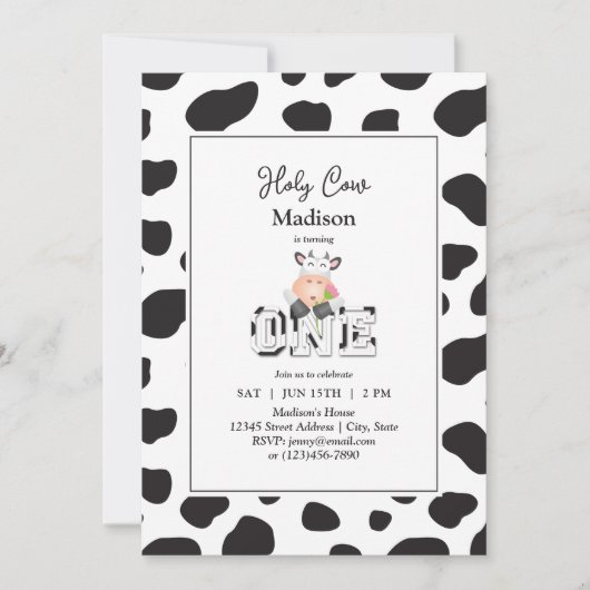 ホーリーカウイアムワンガールまたは少年ベビーファースト誕生日 招待状 (正面)