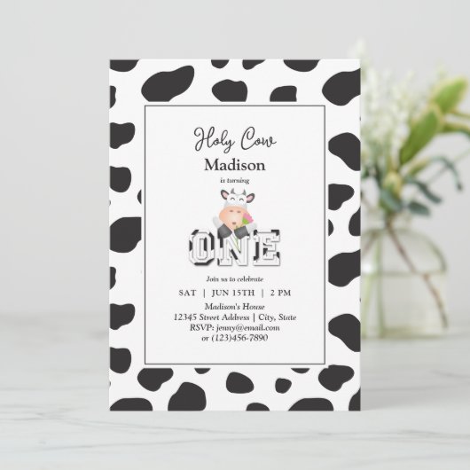 ホーリーカウイアムワンガールまたは少年ベビーファースト誕生日 招待状 (スタンド正面)