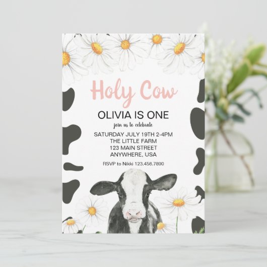 ホーリーカウイアムワンピンクギンガムデイジー誕生日 招待状 (スタンド正面)