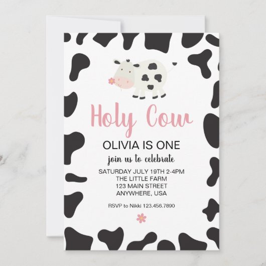 ホーリーカウイアムワンピンクギンガムデイジー誕生日 招待状 (正面)